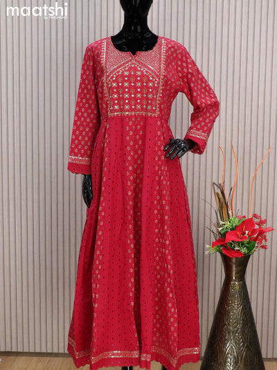 Cotton readymade anarkali kurti red with floral prints hakoba & sequin work without pant
