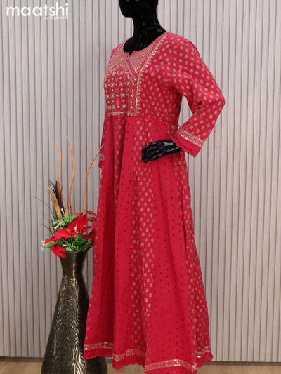 Cotton readymade anarkali kurti red with floral prints hakoba & sequin work without pant