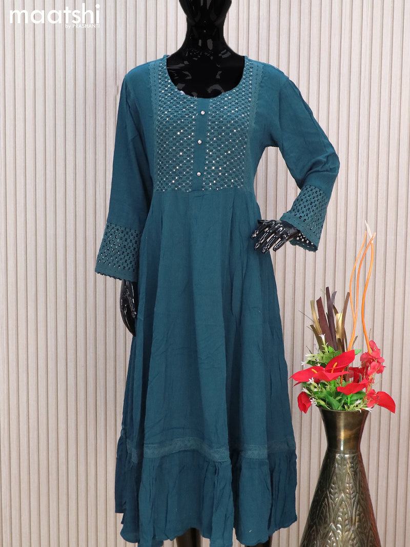 Cotton readymade anarkali kurti peacock blue with embroidery sequin work neck pattern without pant