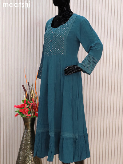 Cotton readymade anarkali kurti peacock blue with embroidery sequin work neck pattern without pant