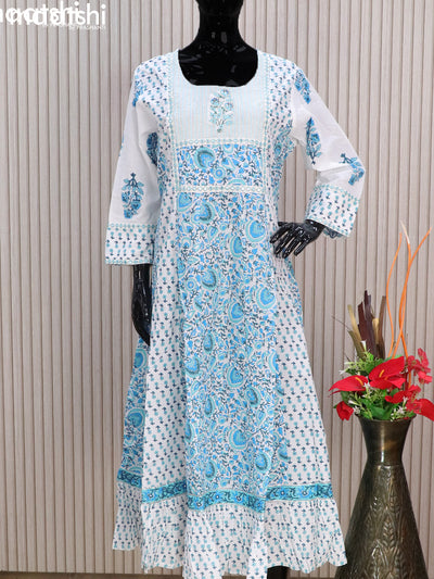 Cotton readymade anarkali kurti off white and blue with allover floral prints & embroidery work neck pattern without pant