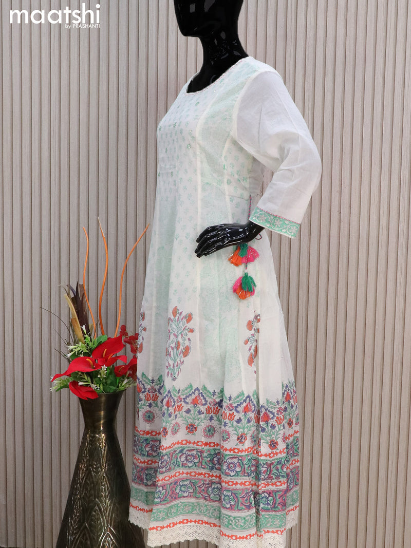 Cotton readymade anarkali kurti off white with allover prints & sequin work without pant