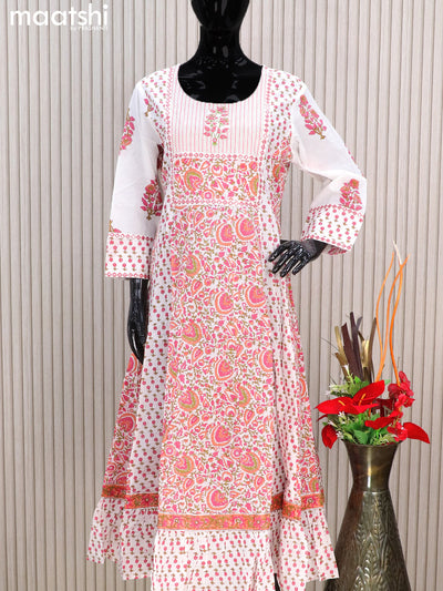 Cotton readymade anarkali kurti off white with allover floral prints & embroidery work neck pattern without pant