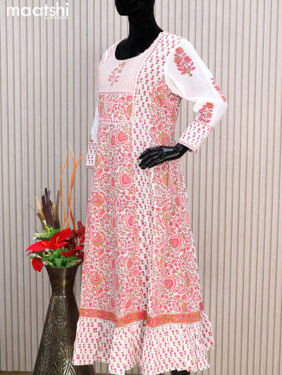 Cotton readymade anarkali kurti off white with allover floral prints & embroidery work neck pattern without pant