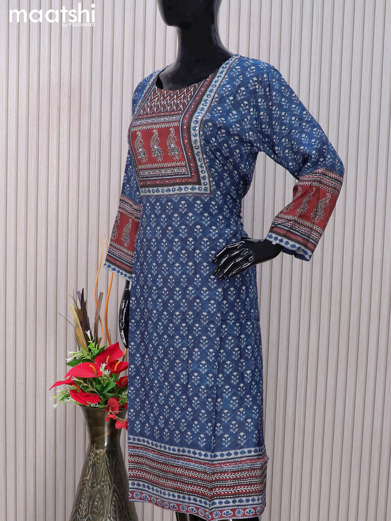 Muslin readymade salwar suits blue with allover prints & stone work neck pattern and straight cut pant & dupatta