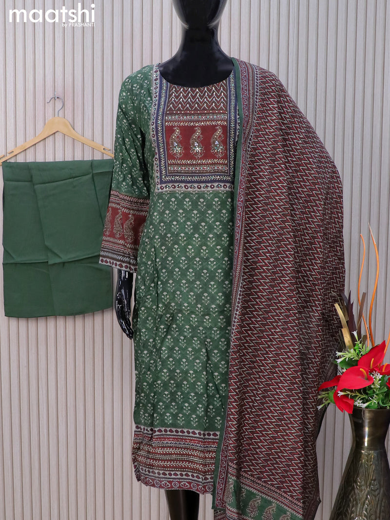 Muslin readymade salwar suits green with allover prints & stone work neck pattern and straight cut pant & dupatta