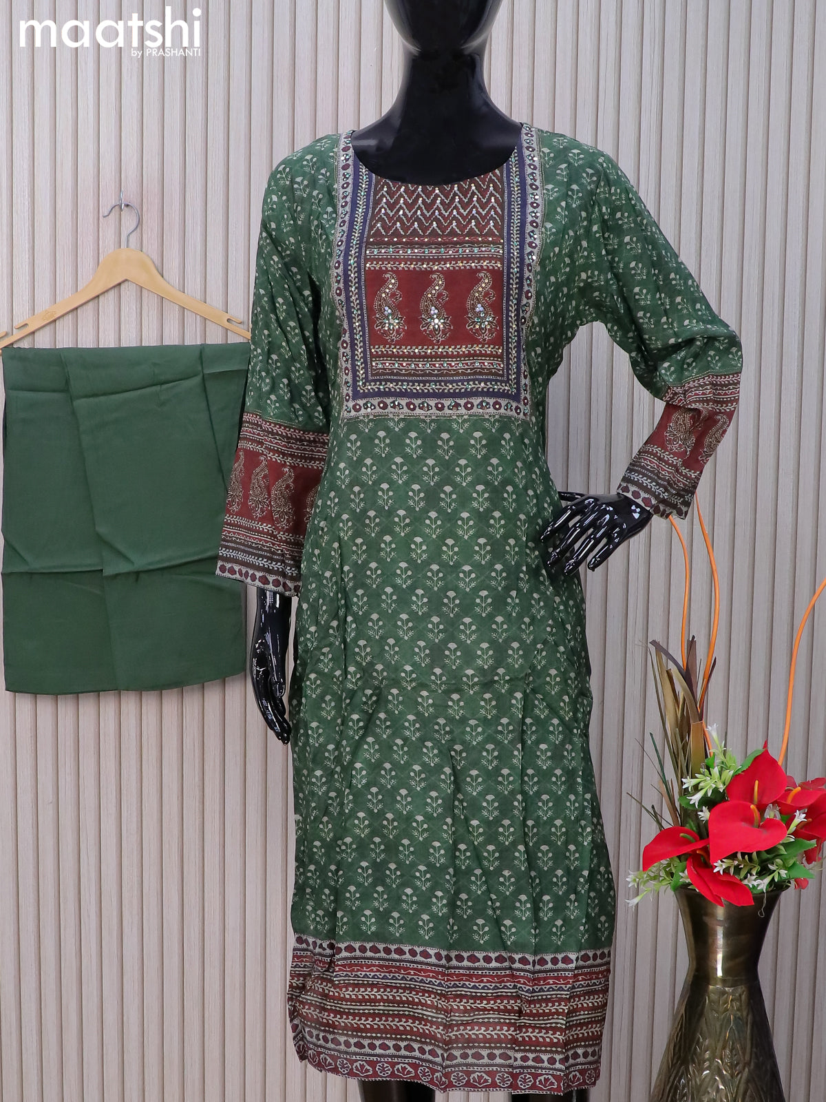 Muslin readymade salwar suits green with allover prints & stone work neck pattern and straight cut pant & dupatta