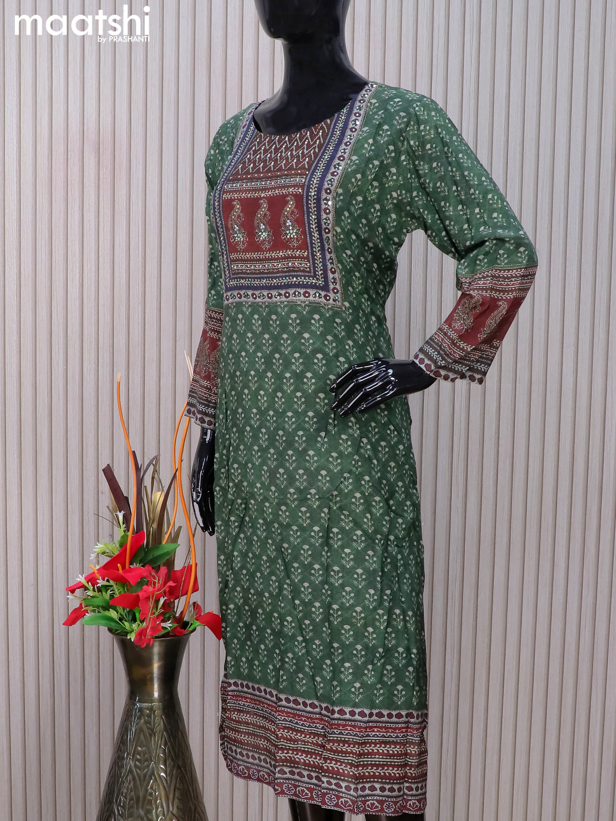 Muslin readymade salwar suits green with allover prints & stone work neck pattern and straight cut pant & dupatta