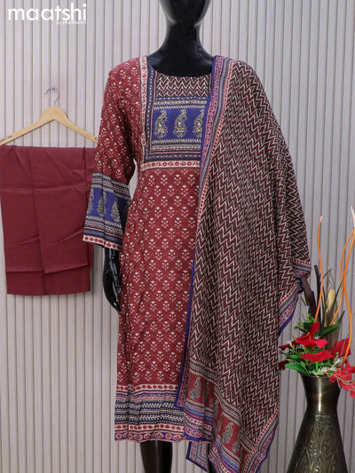 Muslin readymade salwar suits maroon with allover prints & stone work neck pattern and straight cut pant & dupatta