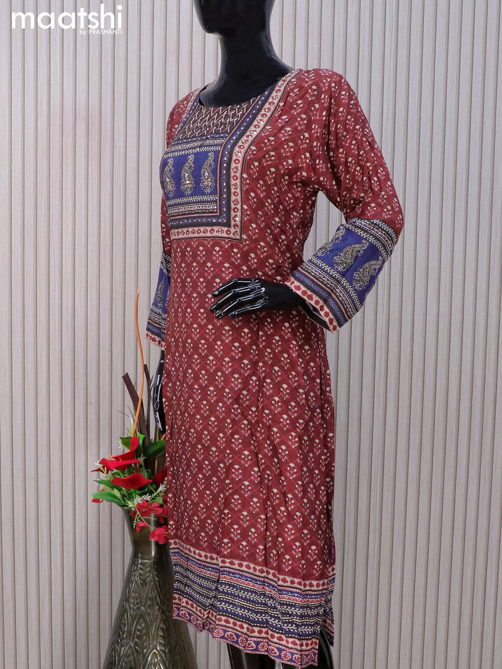 Muslin readymade salwar suits maroon with allover prints & stone work neck pattern and straight cut pant & dupatta