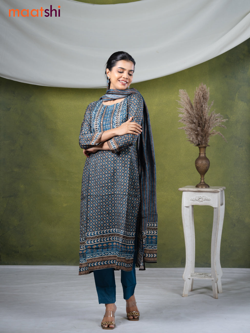 Muslin readymade salwar suits brown shade and blue with allover geometric prints & stone sequin work neck pattern and straight cut pant & dupatta