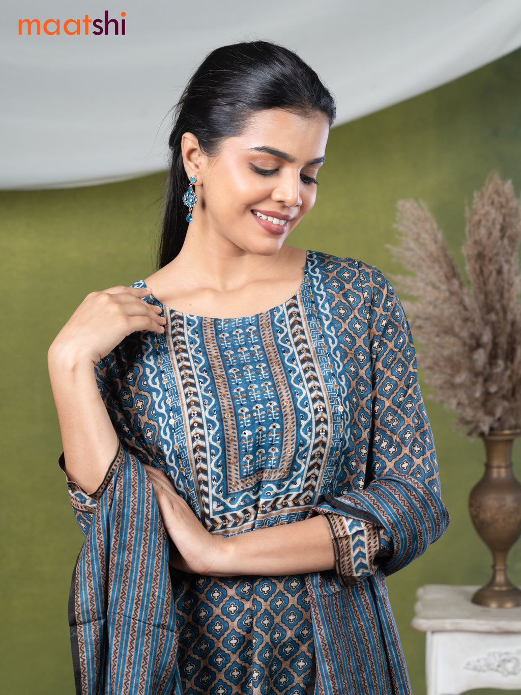 Muslin readymade salwar suits brown shade and blue with allover geometric prints & stone sequin work neck pattern and straight cut pant & dupatta