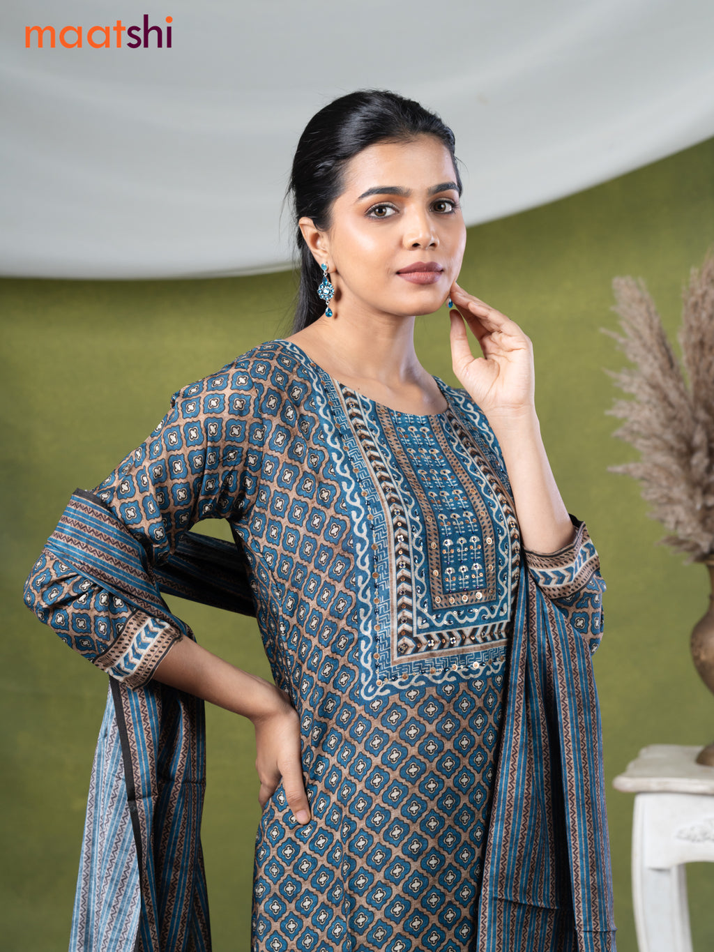 Muslin readymade salwar suits brown shade and blue with allover geometric prints & stone sequin work neck pattern and straight cut pant & dupatta