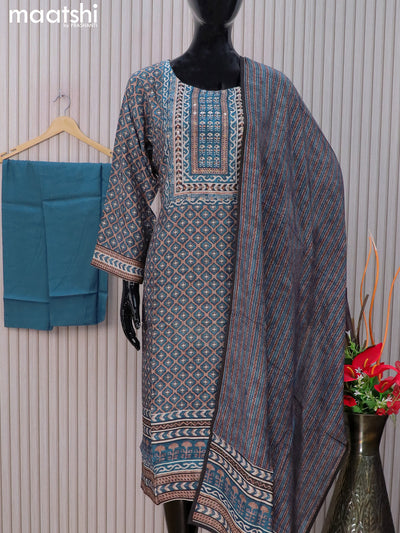 Muslin readymade salwar suits brown shade and blue with allover geometric prints & stone sequin work neck pattern and straight cut pant & dupatta
