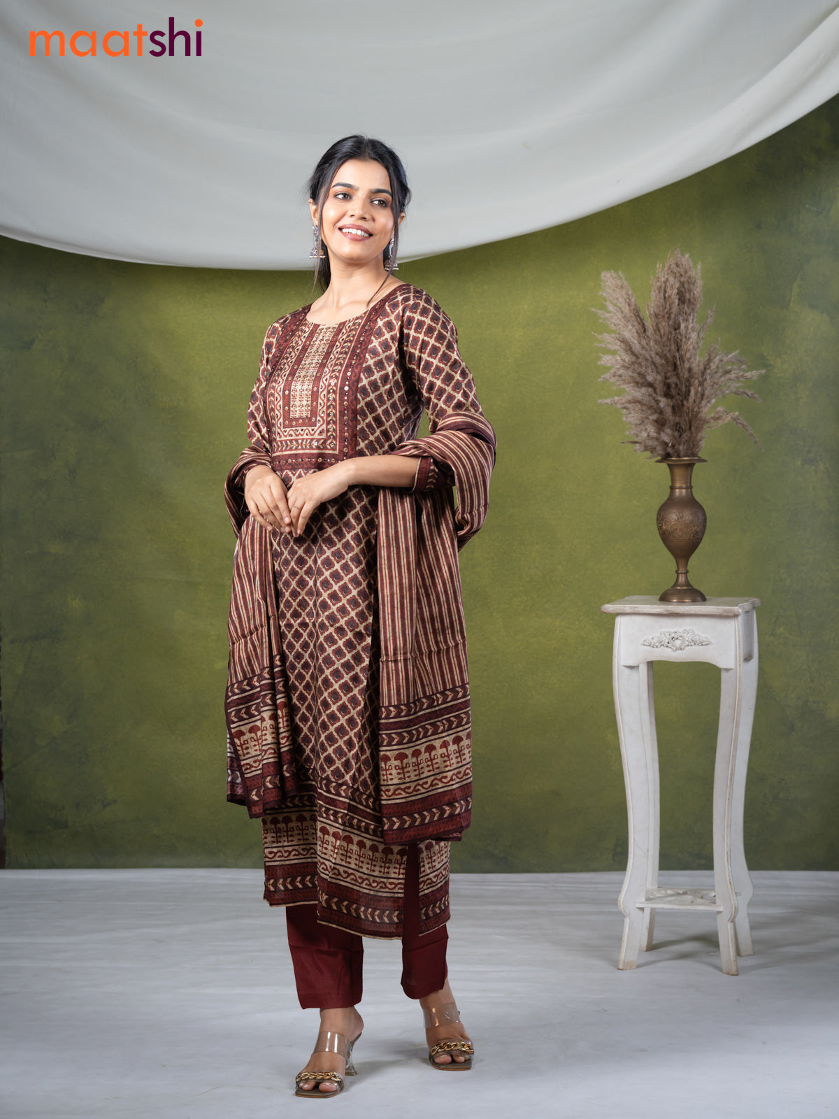 Muslin readymade salwar suits beige and rust brown with allover geometric prints & stone sequin work neck pattern and straight cut pant & dupatta
