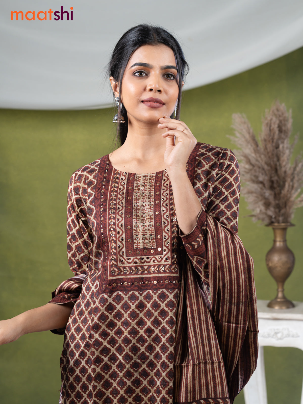 Muslin readymade salwar suits beige and rust brown with allover geometric prints & stone sequin work neck pattern and straight cut pant & dupatta