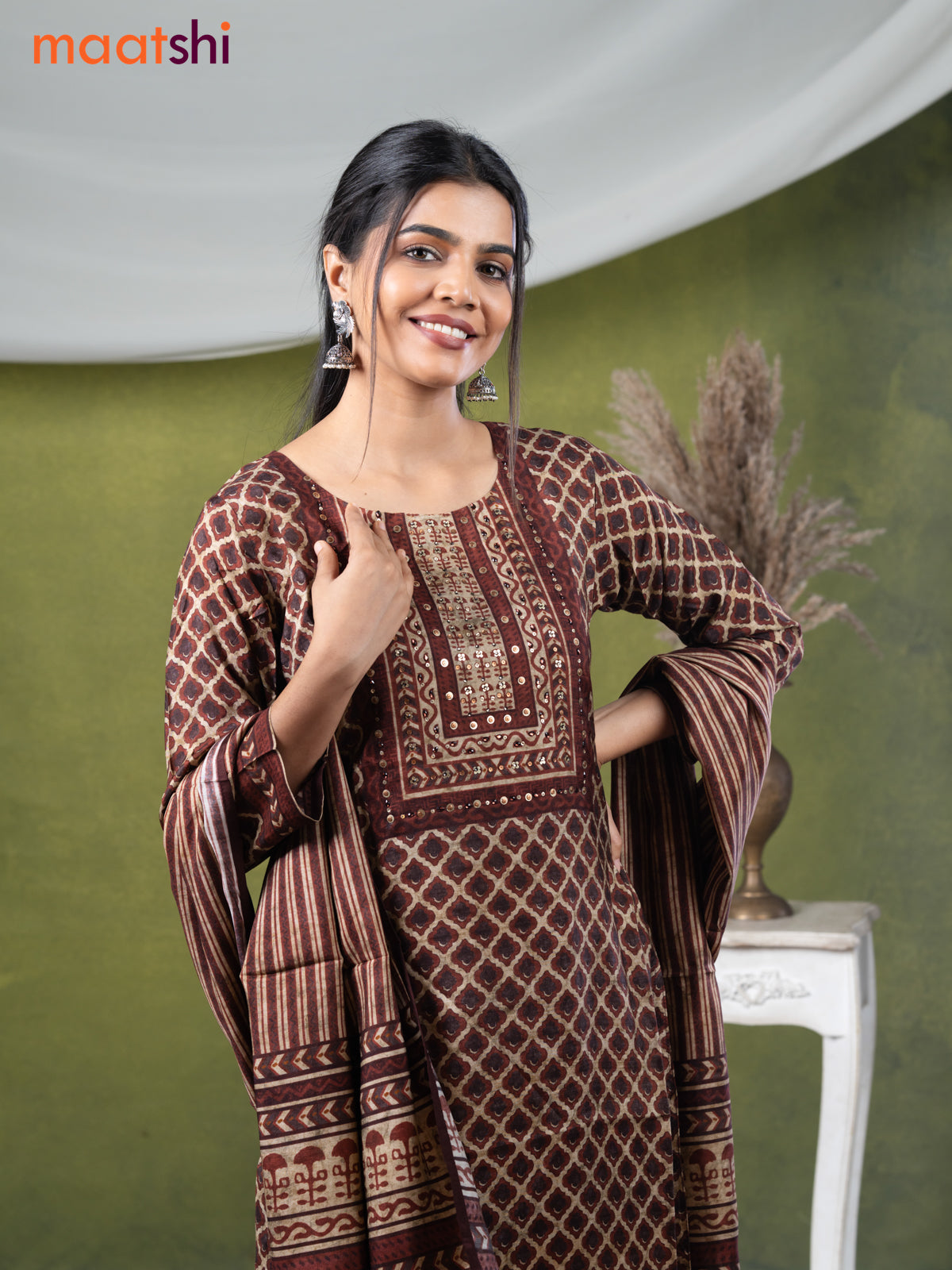 Muslin readymade salwar suits beige and rust brown with allover geometric prints & stone sequin work neck pattern and straight cut pant & dupatta