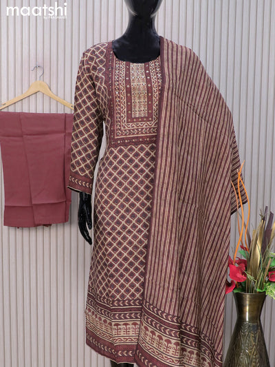 Muslin readymade salwar suits beige and rust brown with allover geometric prints & stone sequin work neck pattern and straight cut pant & dupatta