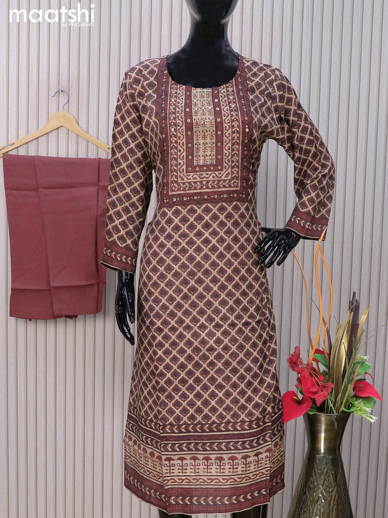Muslin readymade salwar suits beige and rust brown with allover geometric prints & stone sequin work neck pattern and straight cut pant & dupatta