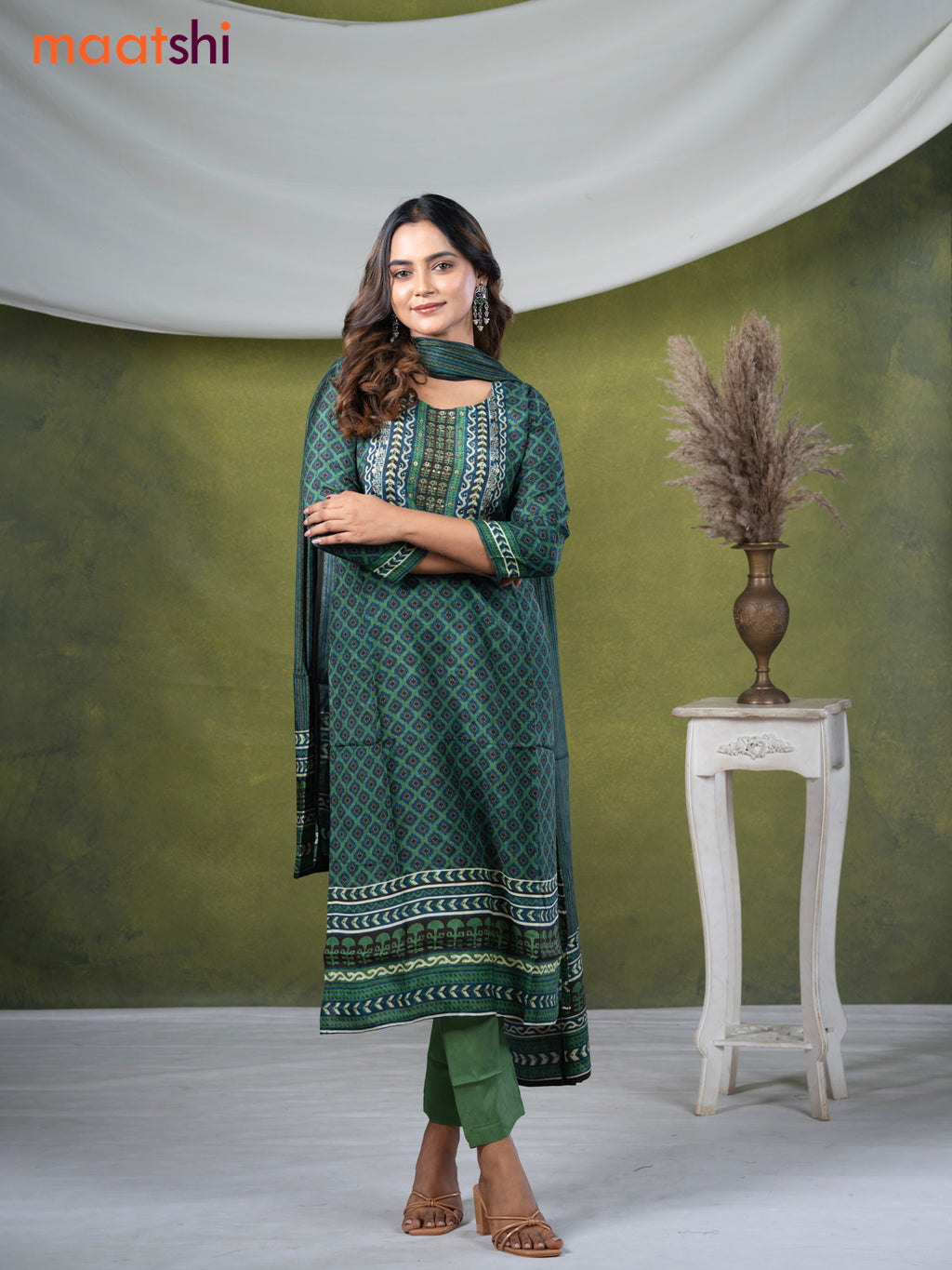 Muslin readymade salwar suits green and blue with allover geometric prints & stone sequin work neck pattern and straight cut pant & dupatta