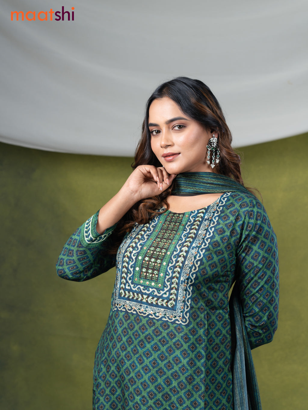 Muslin readymade salwar suits green and blue with allover geometric prints & stone sequin work neck pattern and straight cut pant & dupatta