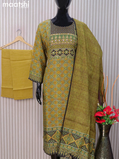 Muslin readymade salwar suits dark mustard and green with allover prints & stone sequin work neck pattern and straight cut pant & dupatta