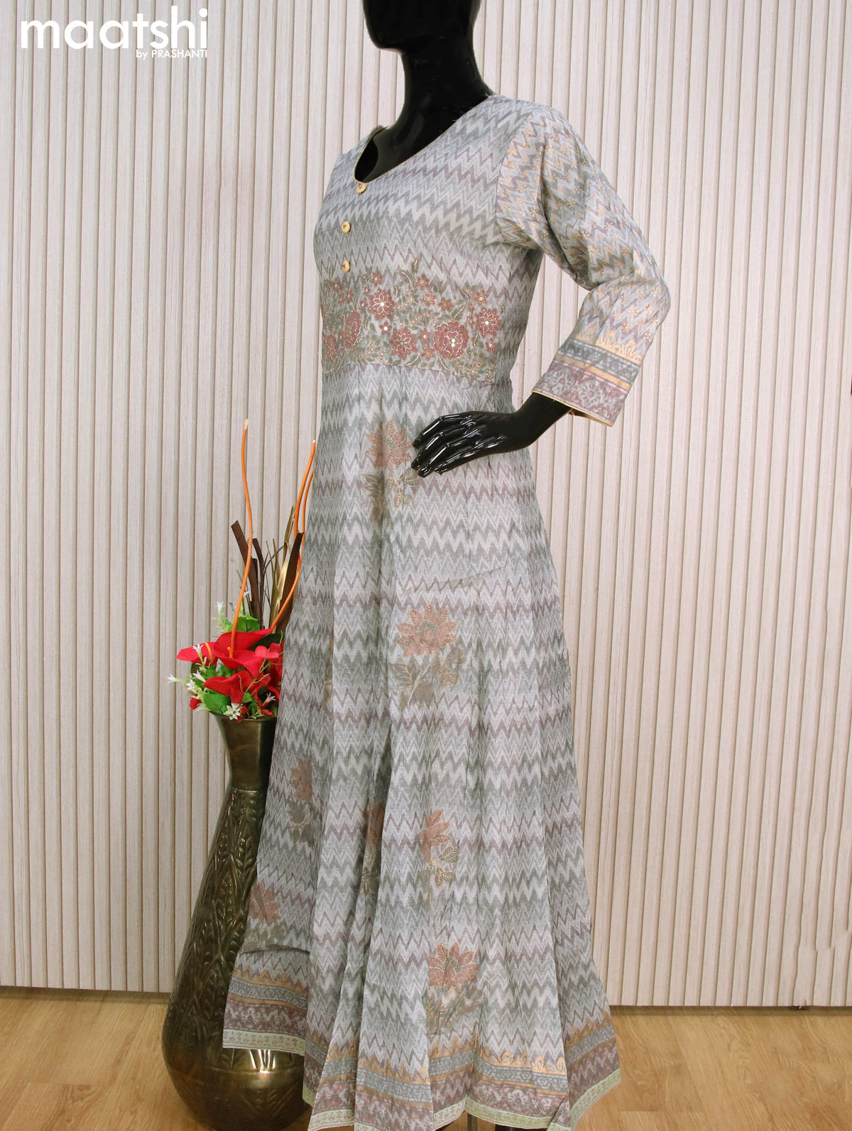 Chanderi readymade floor length salwar suits grey with allover zig zag prints & embroidery work neck design and straight cut pant & dupatta
