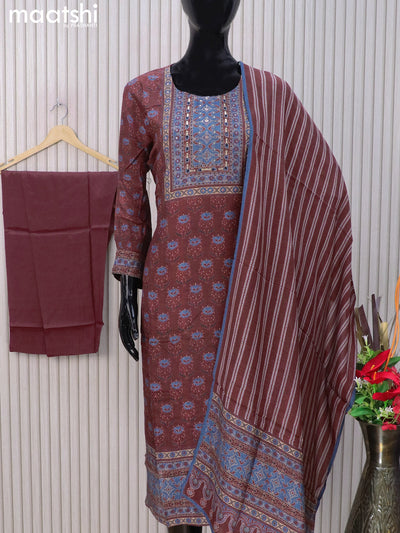 Muslin readymade salwar suits deep maroon and blue with allover floral prints & sequin work neck pattern and straight cut pant & dupatta