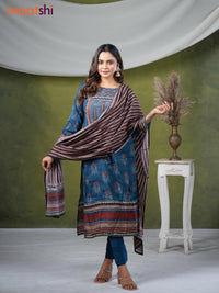 Muslin readymade salwar suits blue with allover floral prints & sequin work neck pattern and straight cut pant & dupatta