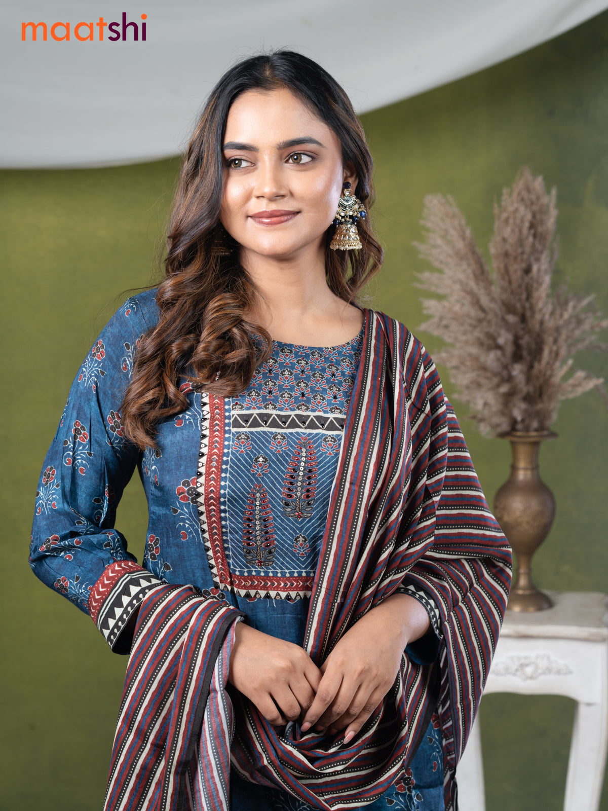 Muslin readymade salwar suits blue with allover floral prints & sequin work neck pattern and straight cut pant & dupatta