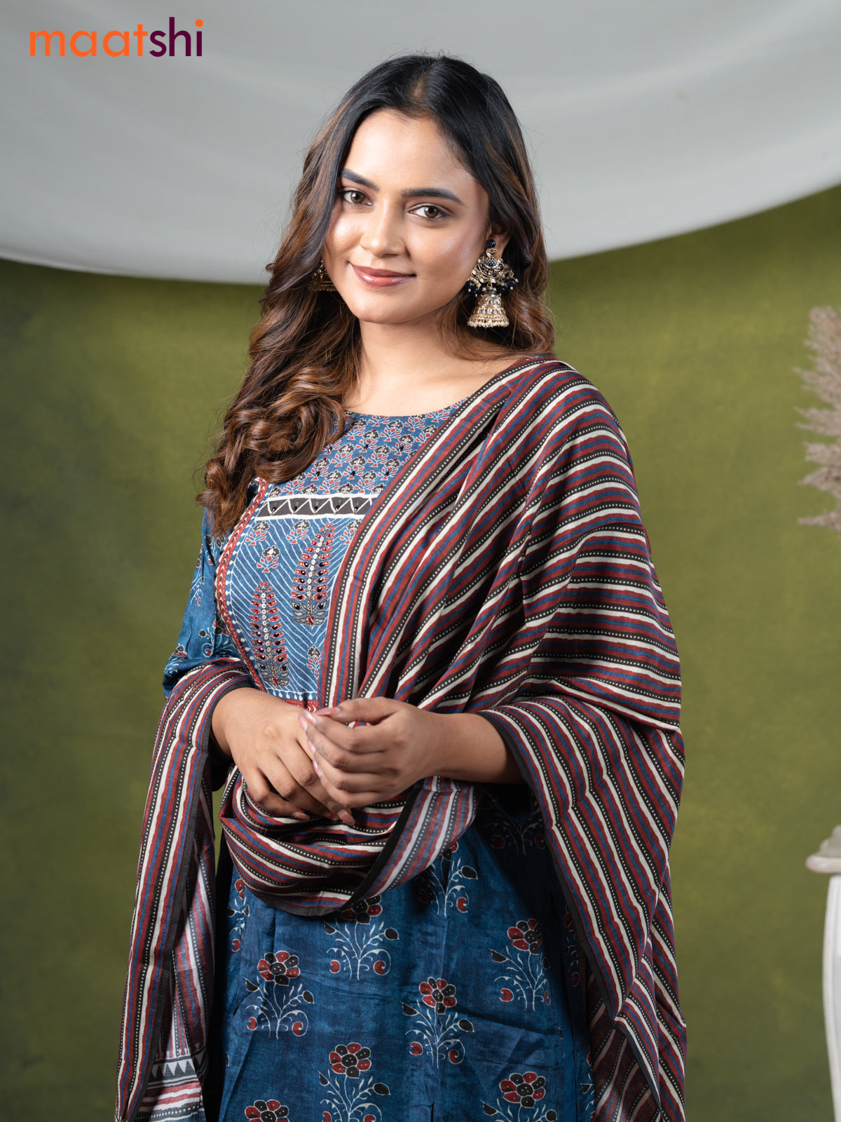 Muslin readymade salwar suits blue with allover floral prints & sequin work neck pattern and straight cut pant & dupatta