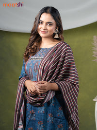 Muslin readymade salwar suits blue with allover floral prints & sequin work neck pattern and straight cut pant & dupatta