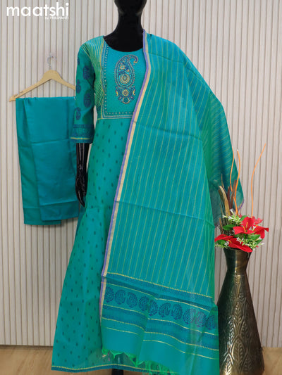Raw silk readymade anarkali salwar suits dual shade of teal bluish green with allover prints & embroidery work neck pattern and straight cut pant & dupatta