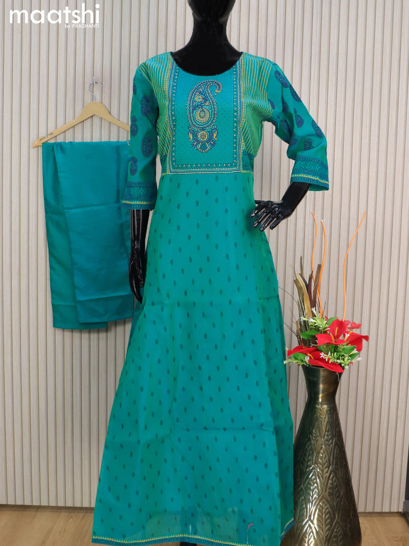 Raw silk readymade anarkali salwar suits dual shade of teal bluish green with allover prints & embroidery work neck pattern and straight cut pant & dupatta