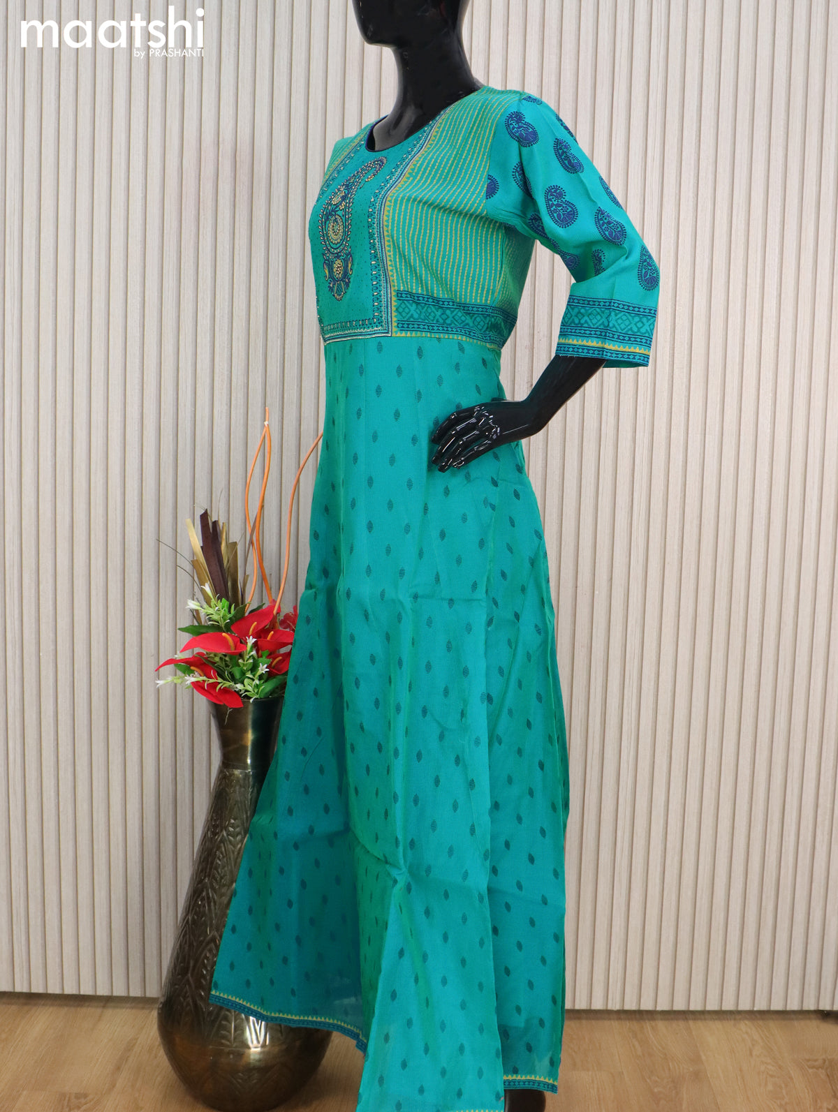 Raw silk readymade anarkali salwar suits dual shade of teal bluish green with allover prints & embroidery work neck pattern and straight cut pant & dupatta
