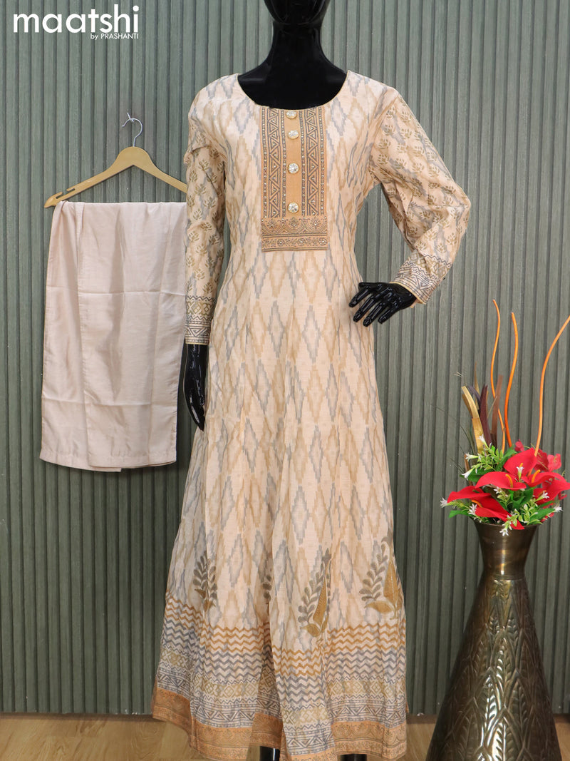 Chanderi readymade floor length salwar suits beige and grey with allover ikat floral prints & embroidery work neck pattern and straight cut pant & dupatta