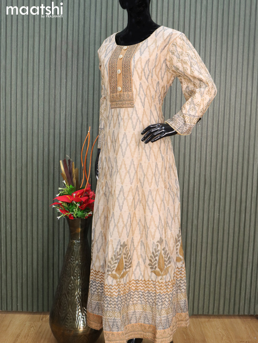 Chanderi readymade floor length salwar suits beige and grey with allover ikat floral prints & embroidery work neck pattern and straight cut pant & dupatta