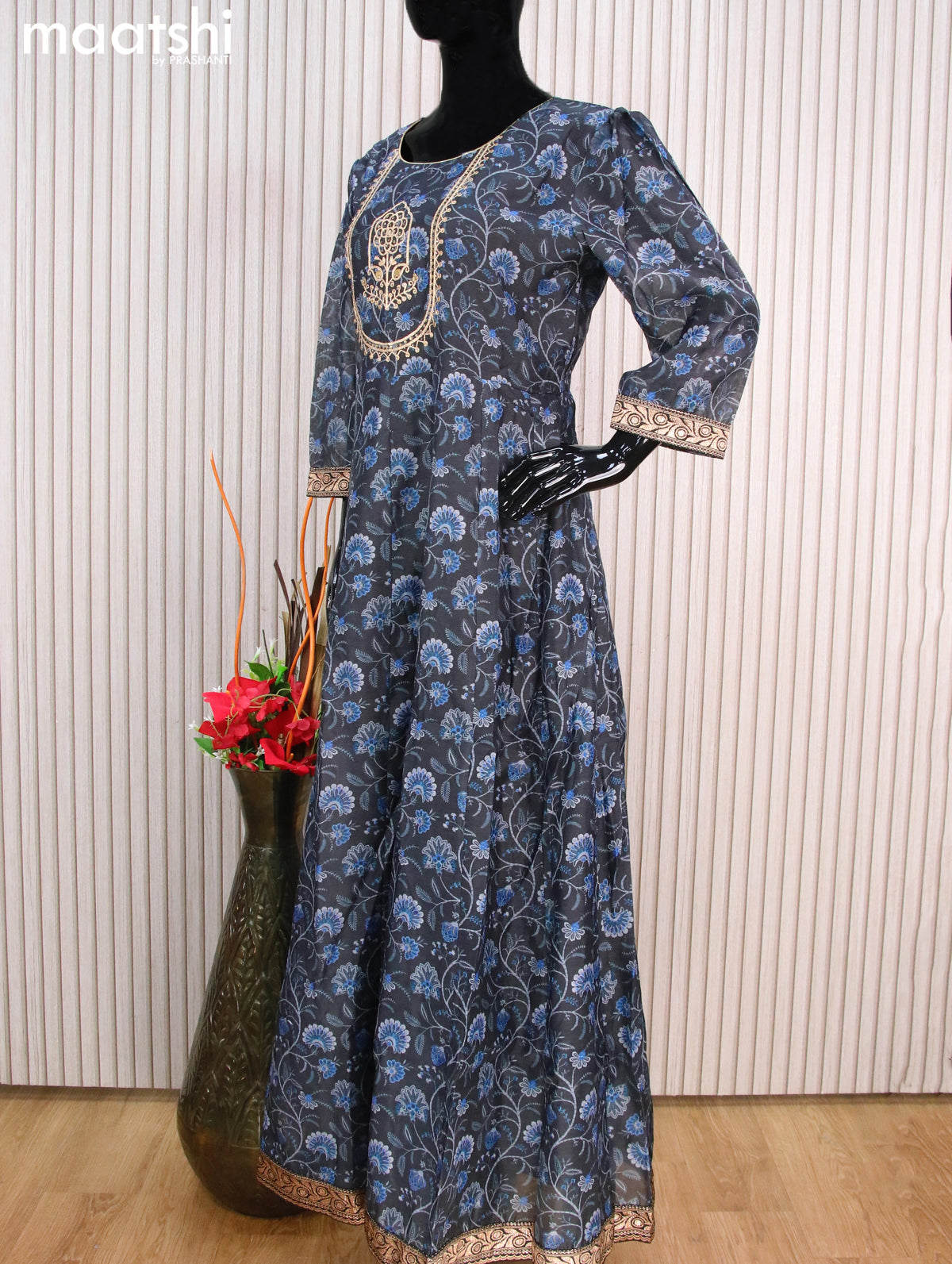 Chanderi readymade floor length salwar suits elephant grey with allover floral prints & sequin work neck pattern and straight cut pant & dupatta
