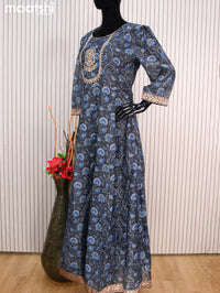 Chanderi readymade floor length salwar suits elephant grey with allover floral prints & sequin work neck pattern and straight cut pant & dupatta