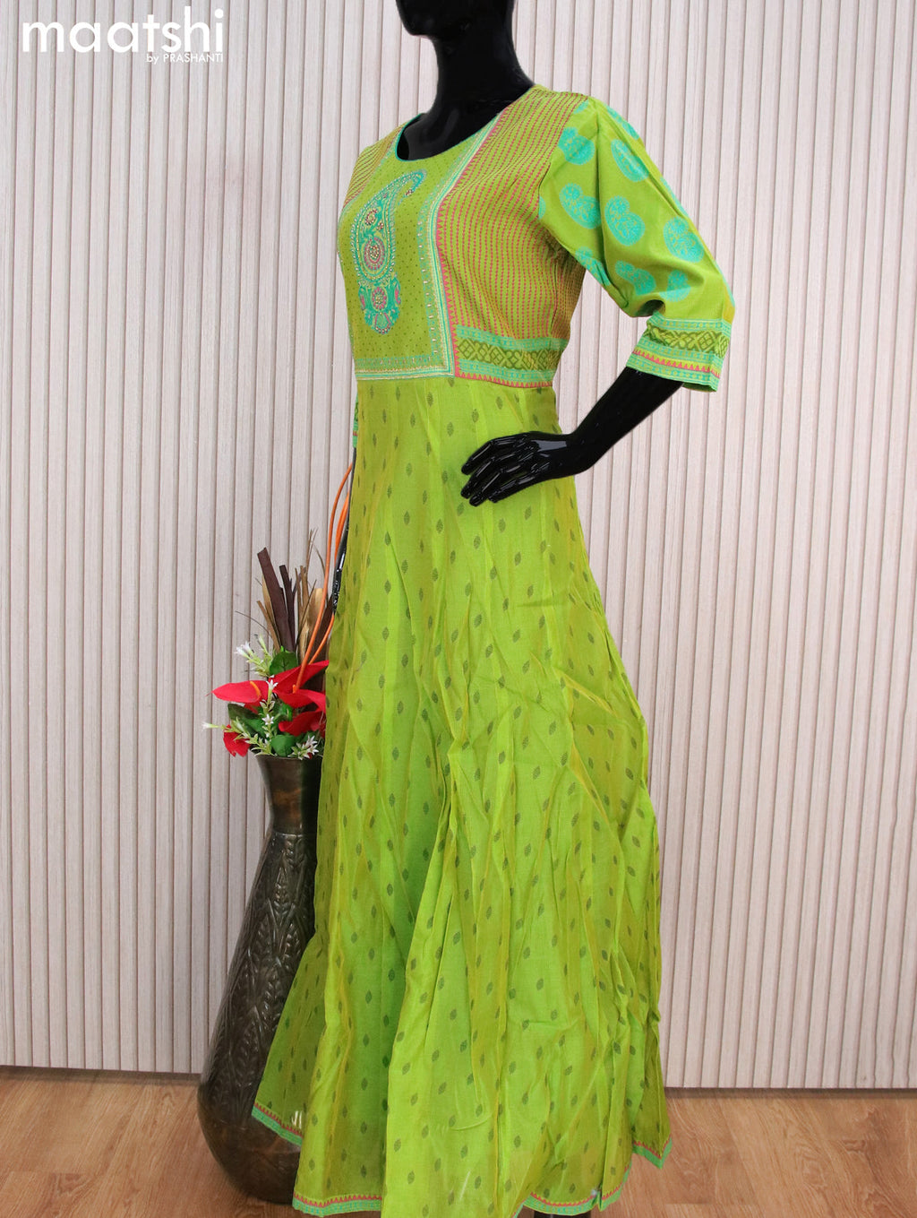 Raw silk readymade anarkali salwar suits green with allover prints & embroidery work neck pattern and straight cut pant & dupatta