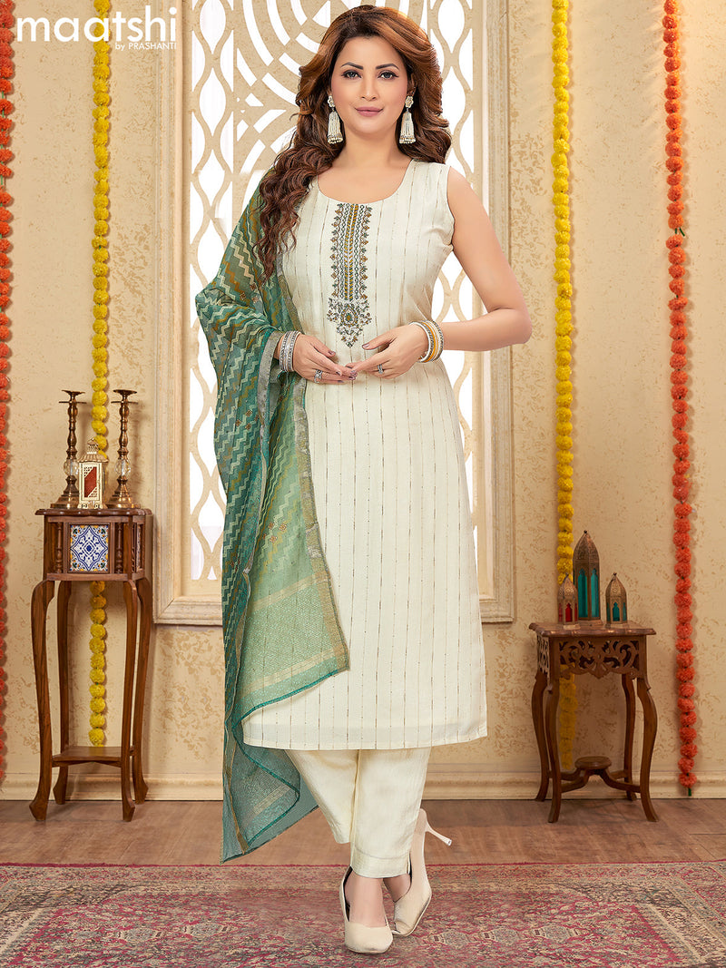 Raw silk readymade salwar suits off white with embroidery work neck pattern & sleeve attached and straight cut pant & printed dupatta