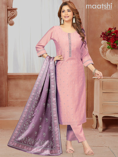 Raw silk readymade salwar suits pastel pink with embroidery work buttas & mirror work neck pattern and straight cut pant & printed dupatta