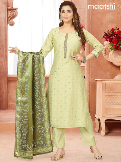 Raw silk readymade salwar suits pastel green with embroidery work buttas & mirror work neck pattern and straight cut pant & printed dupatta