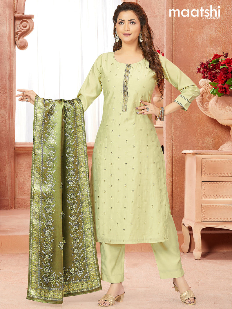 Raw silk readymade salwar suits pastel green with embroidery work buttas & mirror work neck pattern and straight cut pant & printed dupatta