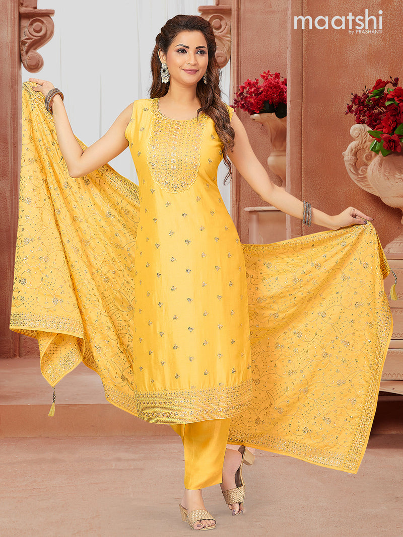 Raw silk readymade salwar suits yellow with embroidery sequin work neck pattern & sleeve attached and straight cut pant & sequin work dupatta