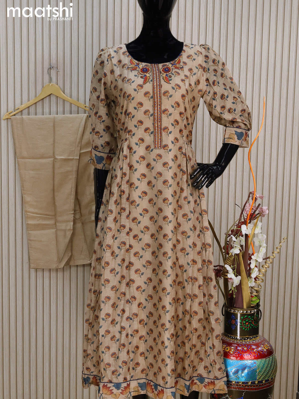 Chanderi readymade anarkali salwar suits beige and peacock blue with floral prints & embroidery sequin work neck pattern and straight cut pant & dupatta