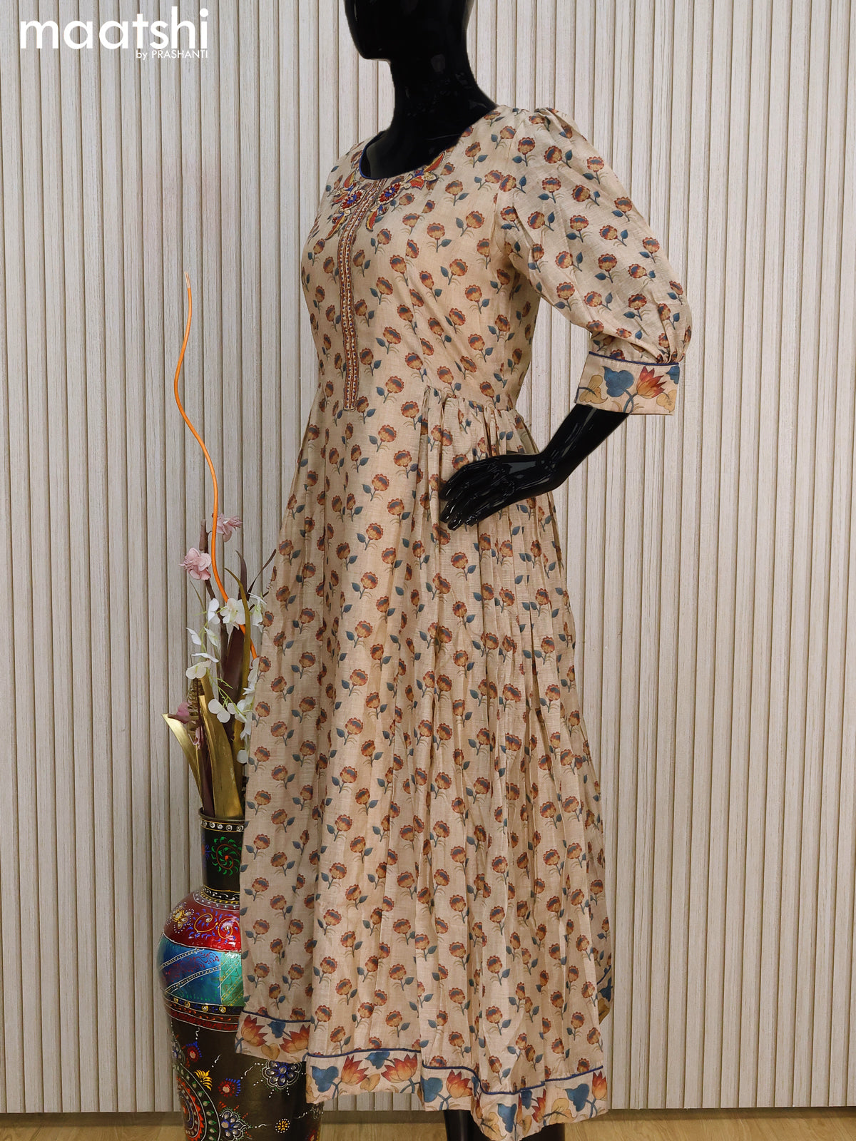 Chanderi readymade anarkali salwar suits beige and peacock blue with floral prints & embroidery sequin work neck pattern and straight cut pant & dupatta