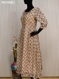 Chanderi readymade anarkali salwar suits beige and peacock blue with floral prints & embroidery sequin work neck pattern and straight cut pant & dupatta