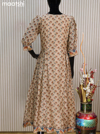 Chanderi readymade anarkali salwar suits beige and peacock blue with floral prints & embroidery sequin work neck pattern and straight cut pant & dupatta
