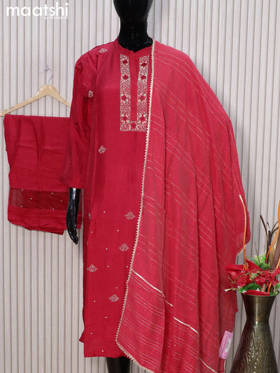 Chanderi readymade party wear salwar suits red with embroidery sequin work neck pattern and straight cut pant & gotapatti lace work dupatta